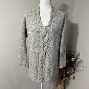 Irelands Eye Sweater V-Neck Wool Cashmere Blend Cable Knit Top Heather Gray Sz S